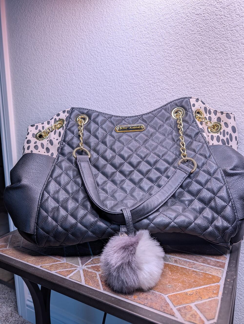 Betsey Johnson Black Faux Leather Quilted Tote Bag Bow Chain Floral Y2K Chic